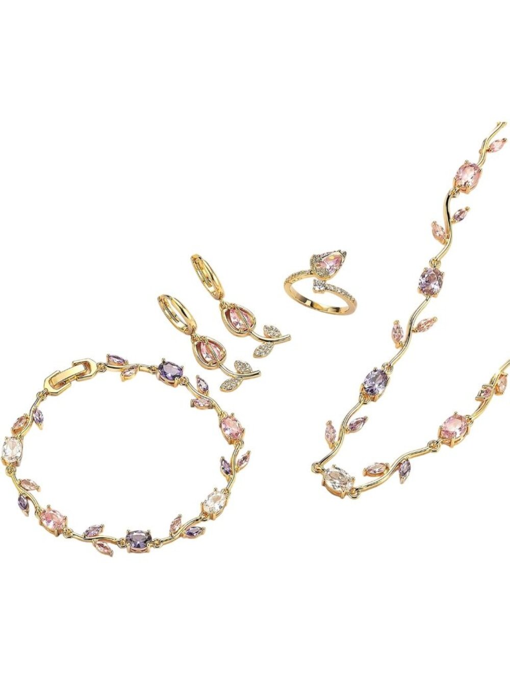 Elegant 14K Gold Plated Tulip Jewelry Set - Necklace, Earrings, Bracelet & Ring